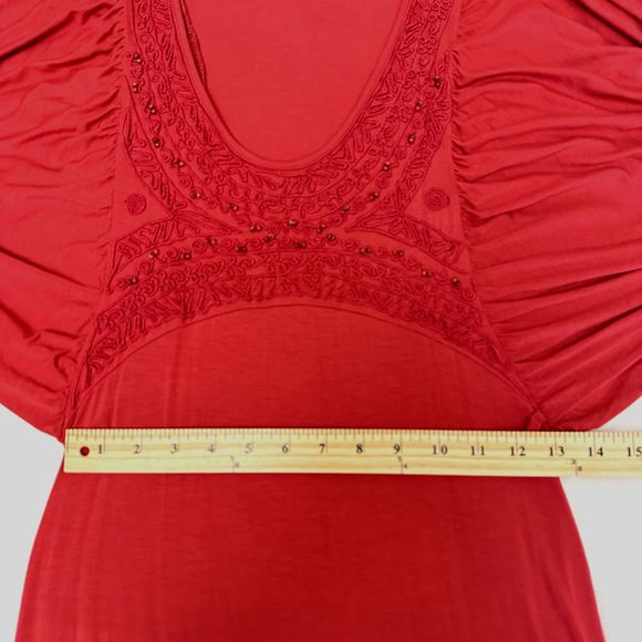 VTG Jersey Dress SHIRT PASSION ITALIA Dark Red Embroidered Bat Sleeves SZ S - Picture 8 of 14